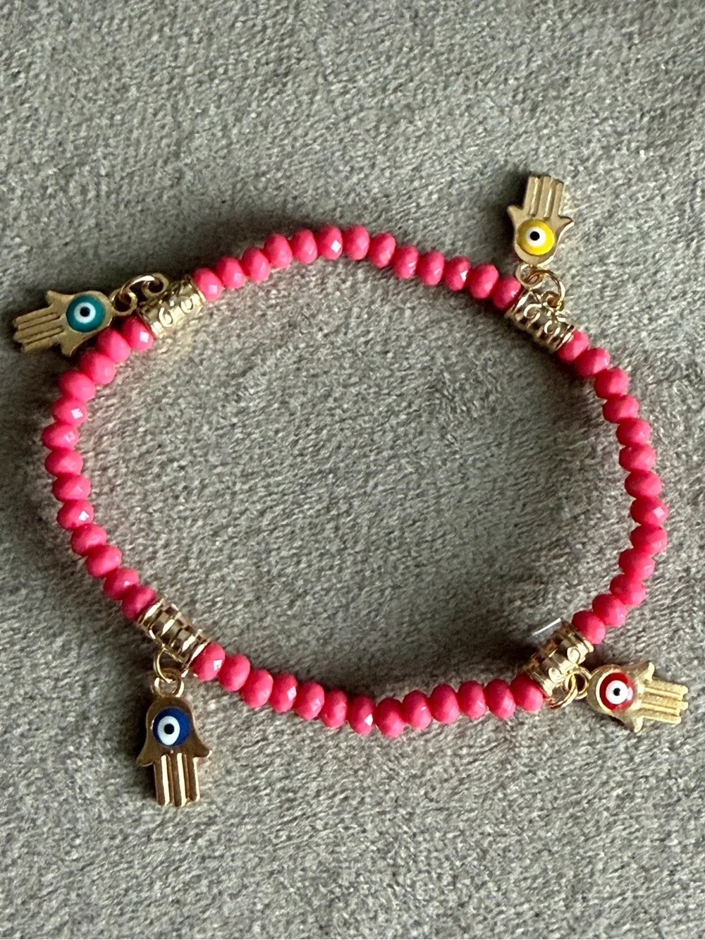 Pink Beaded Hamsa Charm Bracelet with Gold Accents